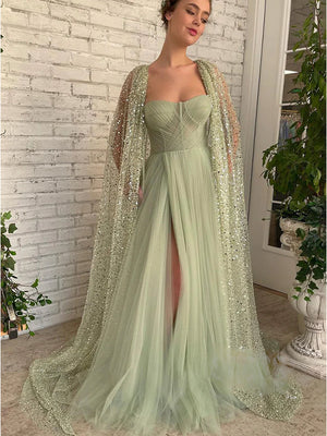 Sparkly Sequin Sage Tulle Fairy Unique Elegant Party Fashion Women Evening Long Prom Dresses PD1516