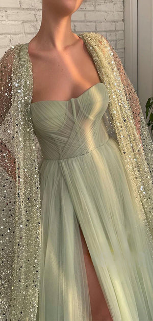 Sparkly Sequin Sage Tulle Fairy Unique Elegant Party Fashion Women Evening Long Prom Dresses PD1516