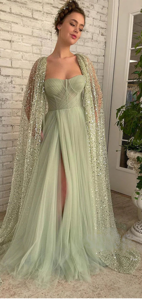 Sparkly Sequin Sage Tulle Fairy Unique Elegant Party Fashion Women Evening Long Prom Dresses PD1516