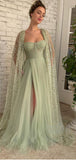 Sparkly Sequin Sage Tulle Fairy Unique Elegant Party Fashion Women Evening Long Prom Dresses PD1516
