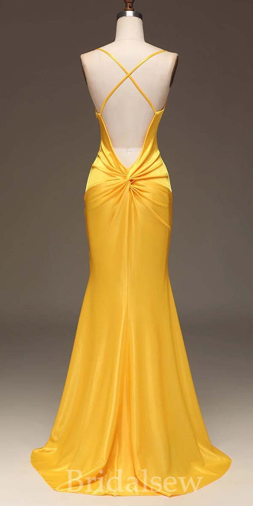 Yellow V-Neck Spaghetti Straps Mermaid Simple Elegant Evening Formal Long Prom Dresses PD1450