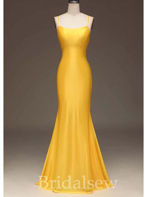 Yellow V-Neck Spaghetti Straps Mermaid Simple Elegant Evening Formal Long Prom Dresses PD1450
