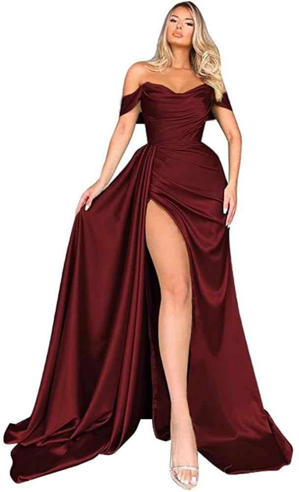 Mermaid Black Off Shoulder Satin Long Prom Dresses with Slit Evening Dress PD186