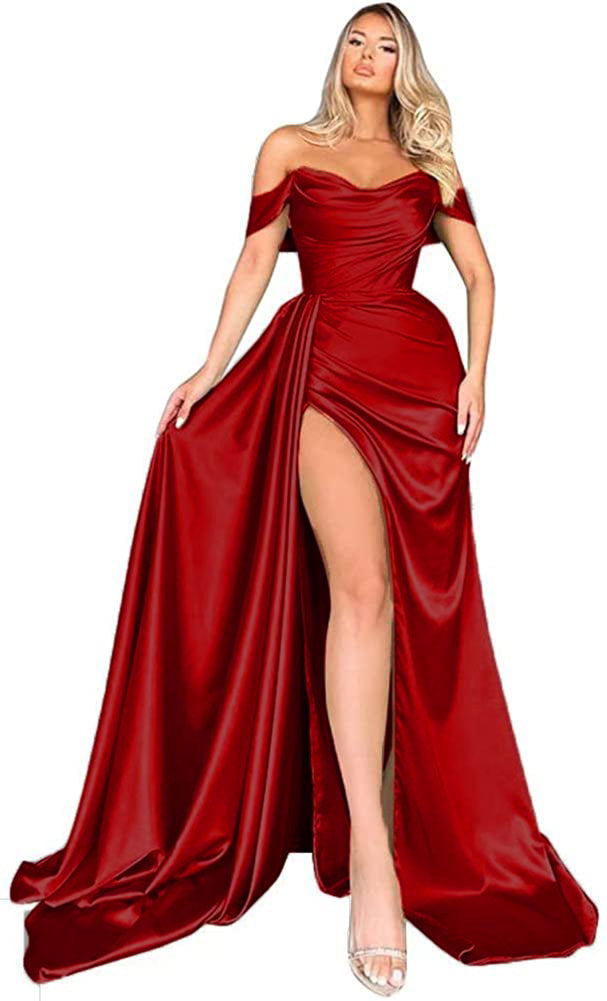 Mermaid Black Off Shoulder Satin Long Prom Dresses with Slit Evening Dress PD186