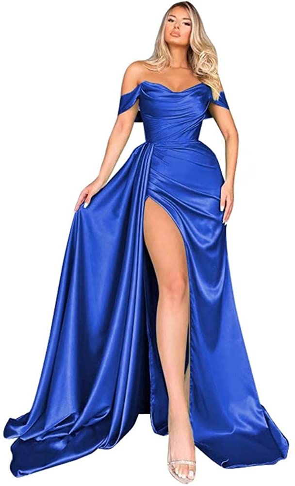 Mermaid Black Off Shoulder Satin Long Prom Dresses with Slit Evening Dress PD186