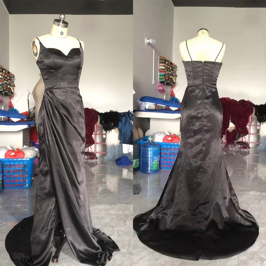 Black Mermaid Spaghetti Straps Cheap Long Evening Prom Dresses PD062