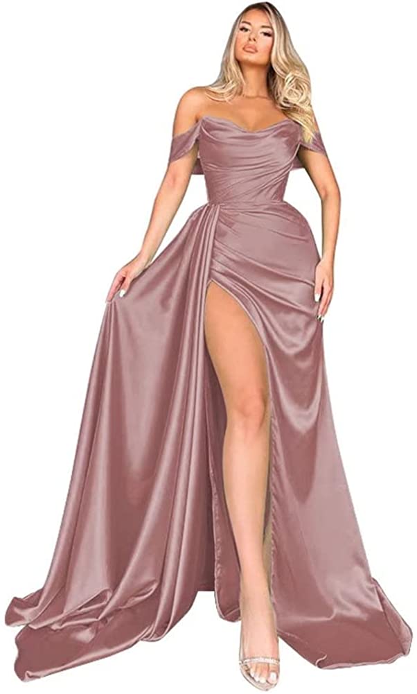 Mermaid Black Off Shoulder Satin Long Prom Dresses with Slit Evening Dress PD186