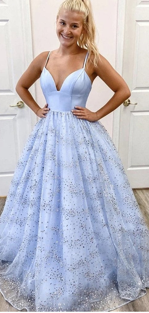 A-line Sparkly Light Blue Modest Party Formal Long Evening Prom Dresses PD283
