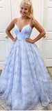 A-line Sparkly Light Blue Modest Party Formal Long Evening Prom Dresses PD283