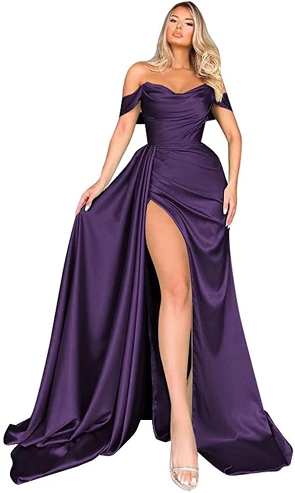 Mermaid Black Off Shoulder Satin Long Prom Dresses with Slit Evening Dress PD186