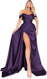 Mermaid Black Off Shoulder Satin Long Prom Dresses with Slit Evening Dress PD186