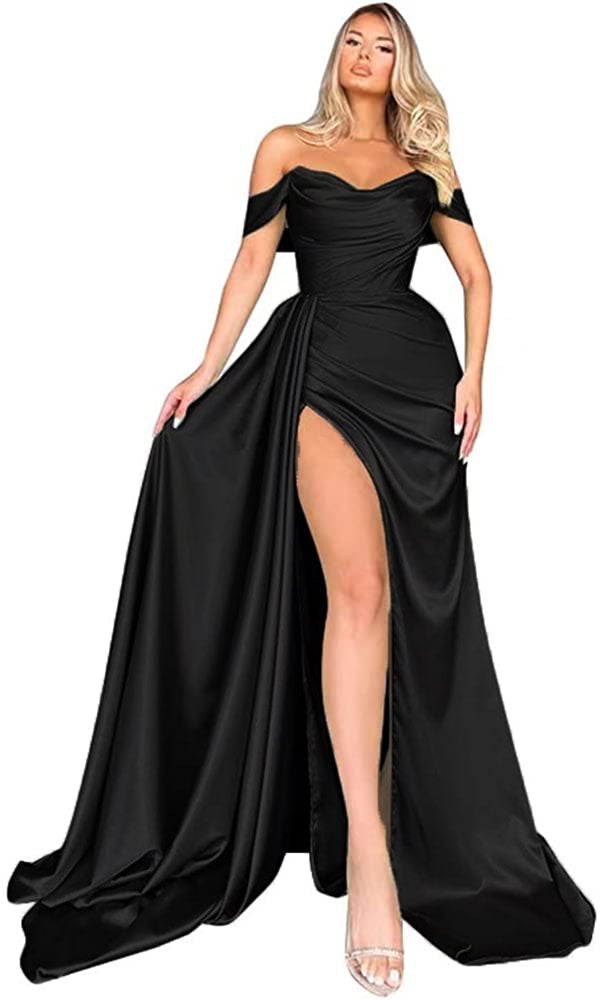 Mermaid Black Off Shoulder Satin Long Prom Dresses with Slit Evening Dress PD186