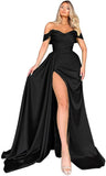 Mermaid Black Off Shoulder Satin Long Prom Dresses with Slit Evening Dress PD186