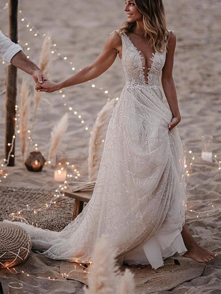 beach wedding dress for bride Glitter Strapless A Line Bridal Gown US6 / Ivory This boho lace wedding dress is designed for beach and destination weddings Boho Lace Sheath Sweep Train