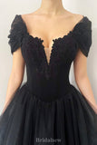 A-line Black Cap Sleeves Tulle Modest Princess Long Women Evening Prom Dresses PD736