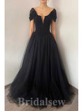 A-line Black Cap Sleeves Tulle Modest Princess Long Women Evening Prom Dresses PD736