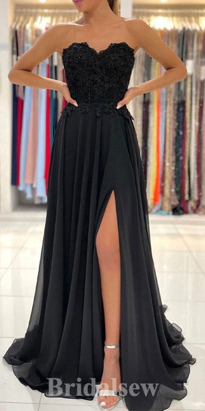 A-line Black Floor-Length Strapless Elegant Stylish Evening Long Prom Dresses PD1118