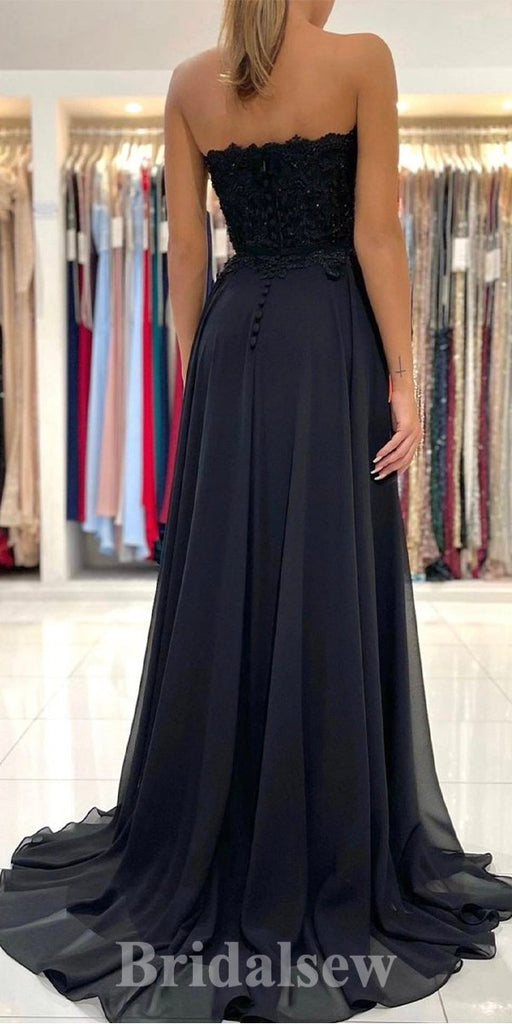 A-line Black Floor-Length Strapless Elegant Stylish Evening Long Prom Dresses PD1118