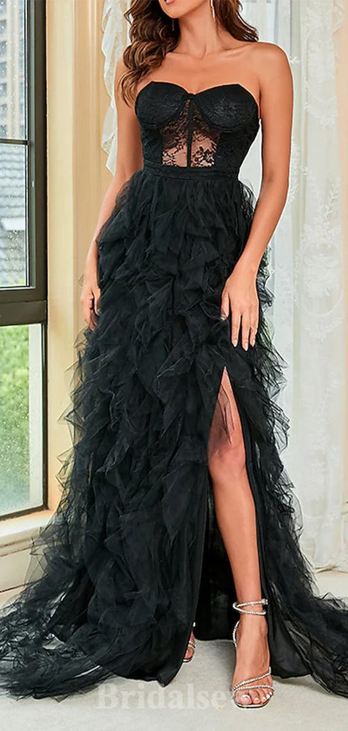 A-line Black Lace Tulle Modest Elegant Sexy Popular Long Party Evening Prom Dresses PD1278
