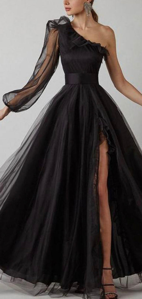 A-line Black One Shoulder Elegant Modest Formal Long Prom Dresses PD294