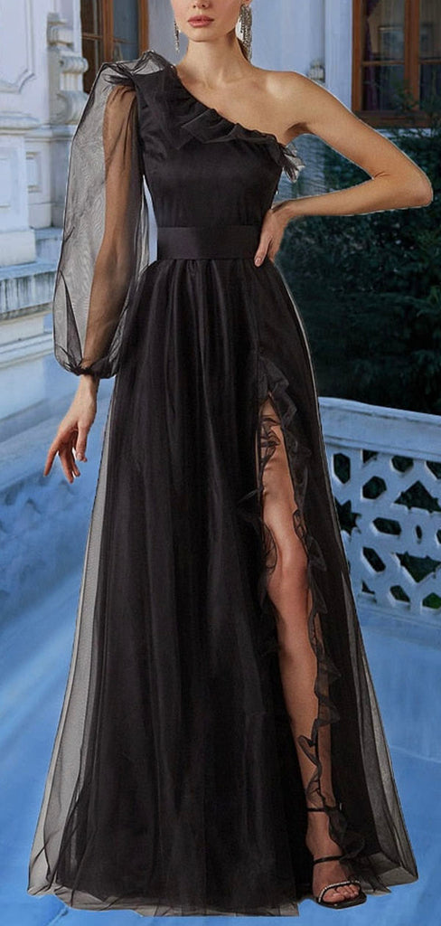 A-line Black One Shoulder Elegant Modest Formal Long Prom Dresses PD294