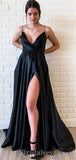 A-line Black Spaghetti Straps Elegant Modest Long Party Evening Prom Dresses PD1339