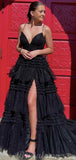 A-line Black Spaghetti Straps Tulle Princess Party Long Prom Dresses, Evening Dress PD409