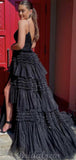 A-line Black Spaghetti Straps Tulle Princess Party Long Prom Dresses, Evening Dress PD409