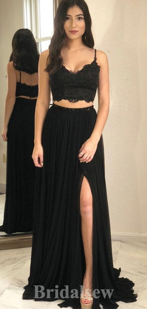 A-line Black Spaghetti Straps Two Pieces New Fashion Long Elegant Party Prom Dresses PD1177