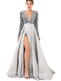 A-line Blue Black Silver Sequin Sparkly Giltter Long Sleeves New Long Women Evening Prom Dresses PD839