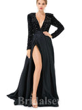 A-line Blue Black Silver Sequin Sparkly Giltter Long Sleeves New Long Women Evening Prom Dresses PD839