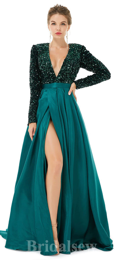A-line Blue Black Silver Sequin Sparkly Giltter Long Sleeves New Long Women Evening Prom Dresses PD839
