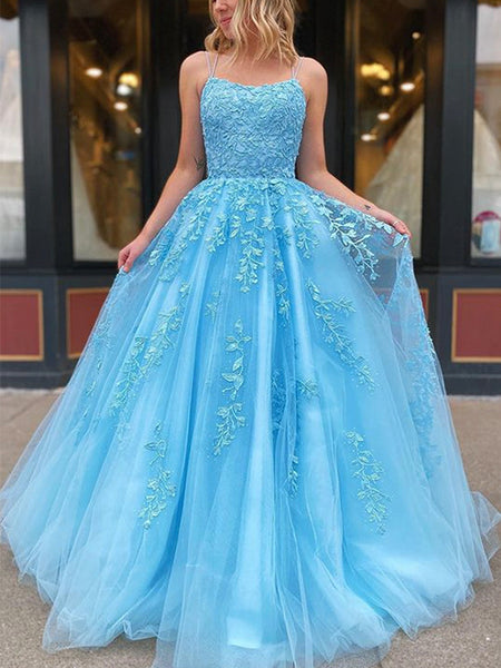 Retro Blue Spaghetti Straps A Line Long Party Dress Prom Gown main image 1