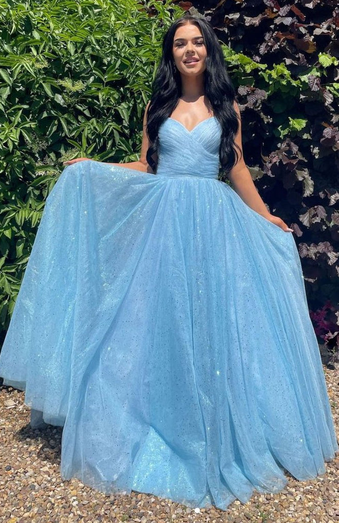 A-line Blue Long Sparkly Sequin Straps Fashion Evening Party Prom Dresses PD235