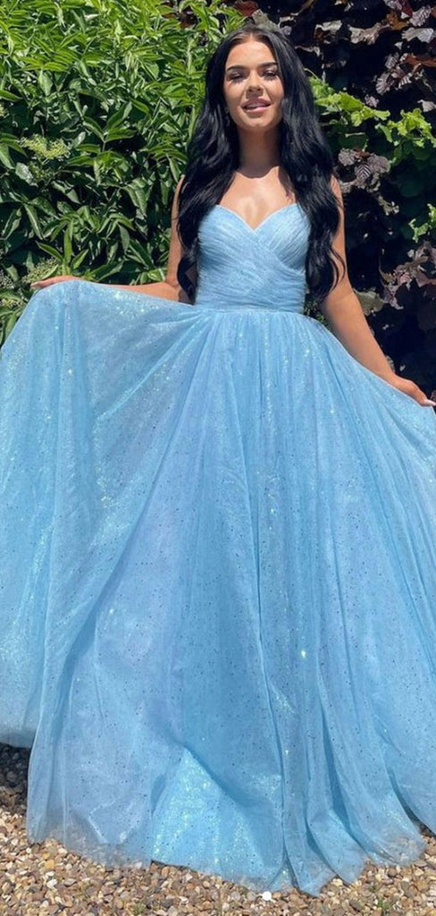 A-line Blue Long Sparkly Sequin Straps Fashion Evening Party Prom Dresses PD235