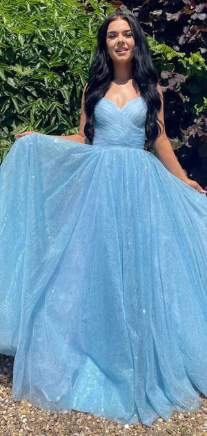 A-line Blue Long Sparkly Sequin Straps Fashion Evening Party Prom Dresses PD235