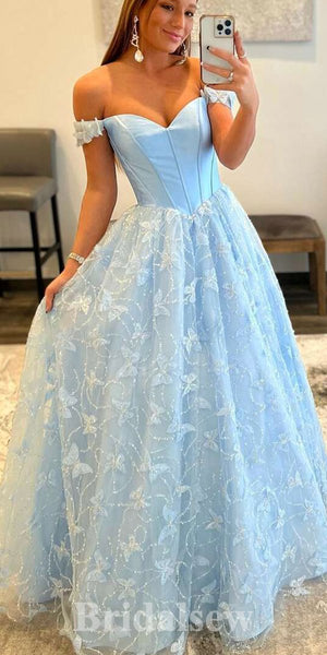 Elegant Blue Off-Shoulder A-Line Long Prom Dress Ideas, Evening Party Dresses , OLP1235