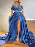 A-line Blue Off the Shoulder Women Satin Modest Formal Evening Long Prom Dresses PD552