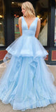 A-line Blue Sleeves Gorgeous Princess Party Black Girls Slay Evening Long Prom Dresses PD501