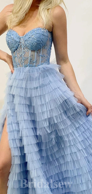 A-line Blue Unique Stylish Spaghetti Straps Long Women Evening Prom Dresses PD850