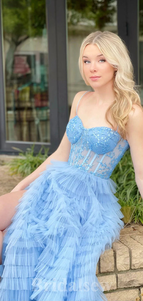 A-line Blue Unique Stylish Spaghetti Straps Long Women Evening Prom Dresses PD850