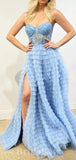 A-line Blue Unique Stylish Spaghetti Straps Long Women Evening Prom Dresses PD850