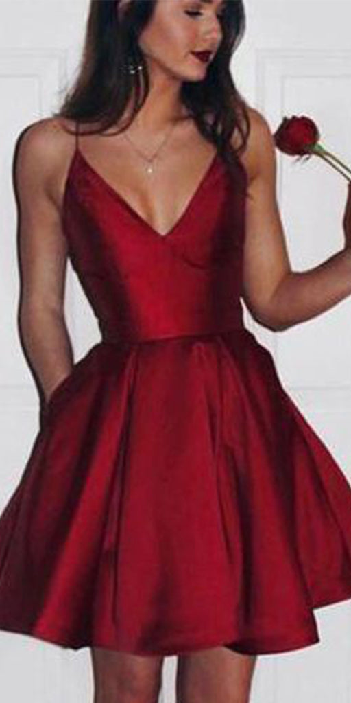 A-line Burgundy Blue Satin Simple Short Homecoming Dresses HD006