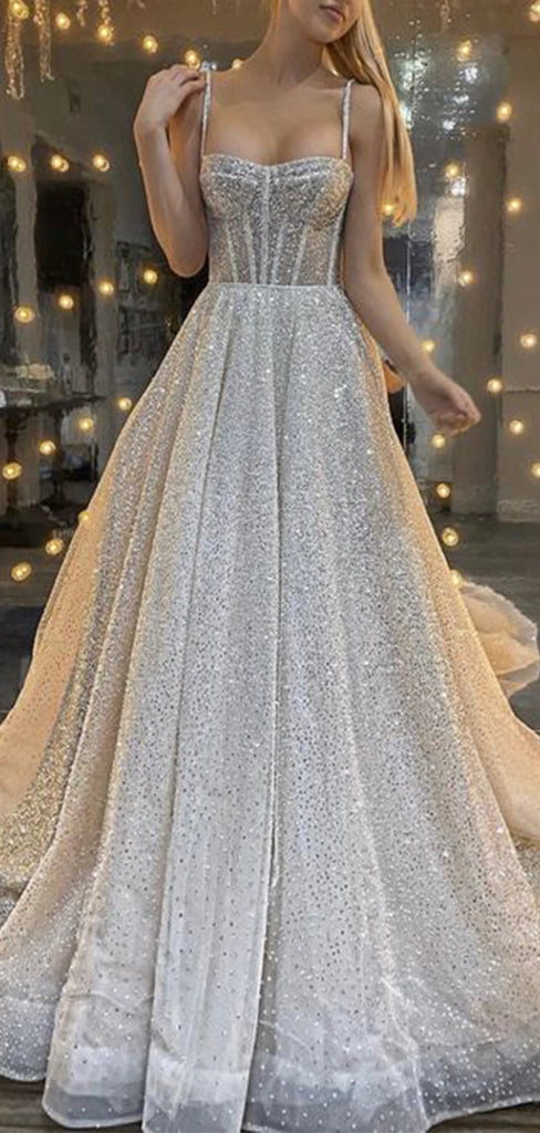 A-line Charming Sparkly Sequin Spaghetti Straps Long Modest Prom Dresses PD216