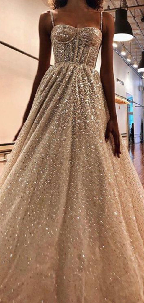 A-line Charming Sparkly Sequin Spaghetti Straps Long Modest Prom Dresses PD216