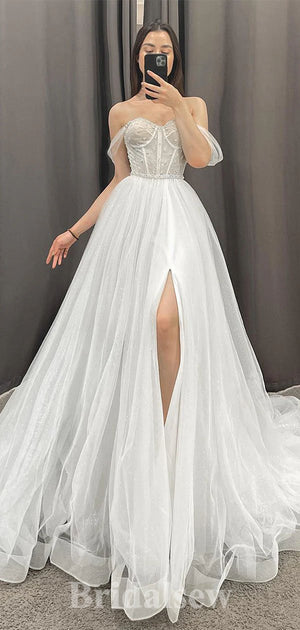 A-line Elegant Off Shoulder New Plus Size Vintage Dream Beach Long Wedding Dresses WD530