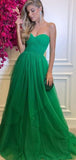 A-line Green Tulle Deep Strapless Fashion Elegant Long Women Evening Prom Dresses PD906