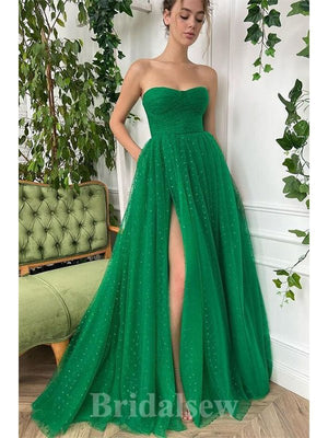A-line Green Tulle Modest Elegant Strapless Popular Long Party Evening Prom Dresses PD1279