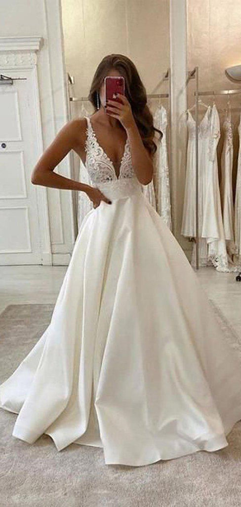 A-line V-Neck Vintage Satin Popular Romantic Wedding Dresses WD005