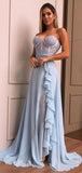 A-line Light Blue Chiffon Popular Modest Formal Long Prom Dresses for Party PD299